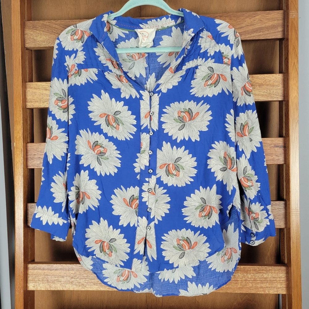 Conversations by Anthro Blue Floral Pintuck Blouse